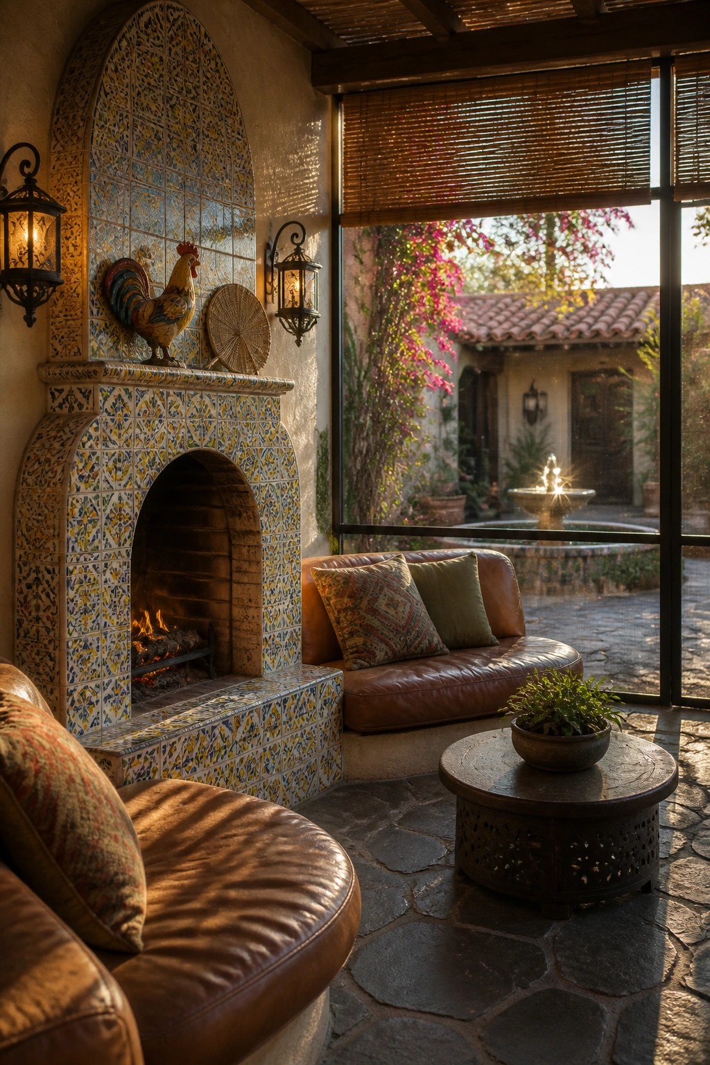Cozy Mediterranean patio with colorful tiled fireplace, leather sofa, and courtyard fountain