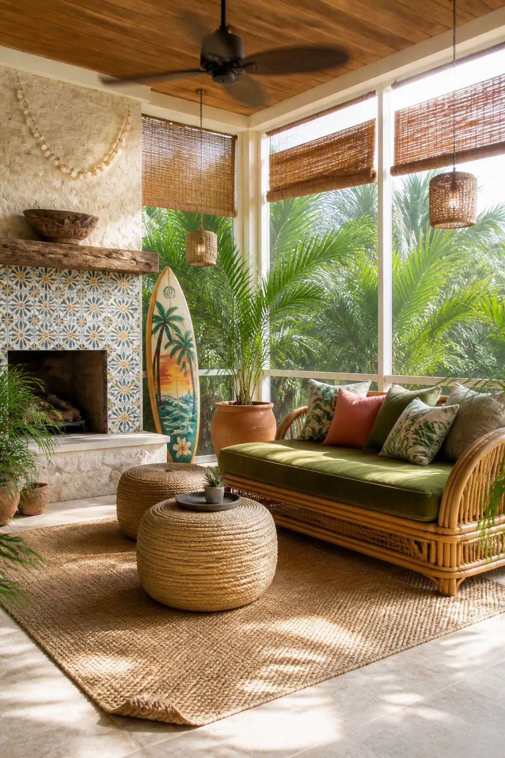 A screened porch with a stone fireplace on the left, a green cushioned rattan daybed on the right, woven ottomans in the foreground, and large windows with bamboo blinds overlooking palm trees.