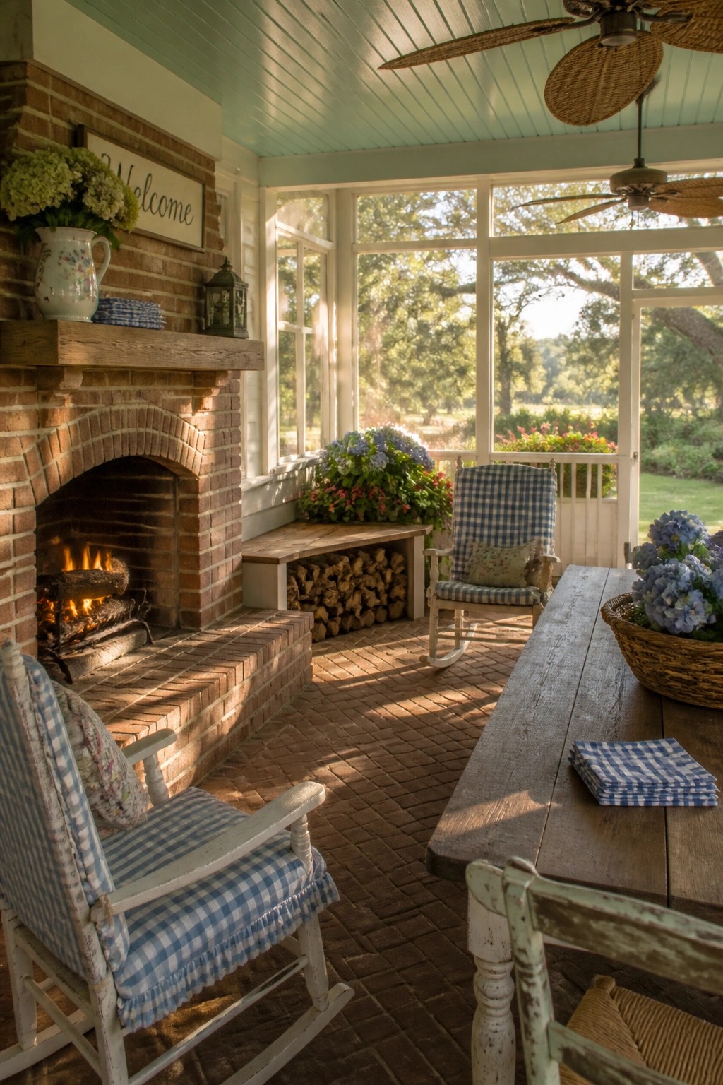 A screened porch with a brick fireplace on the left, blue gingham rocking chairs, a wooden table, and large screened windows overlooking trees.