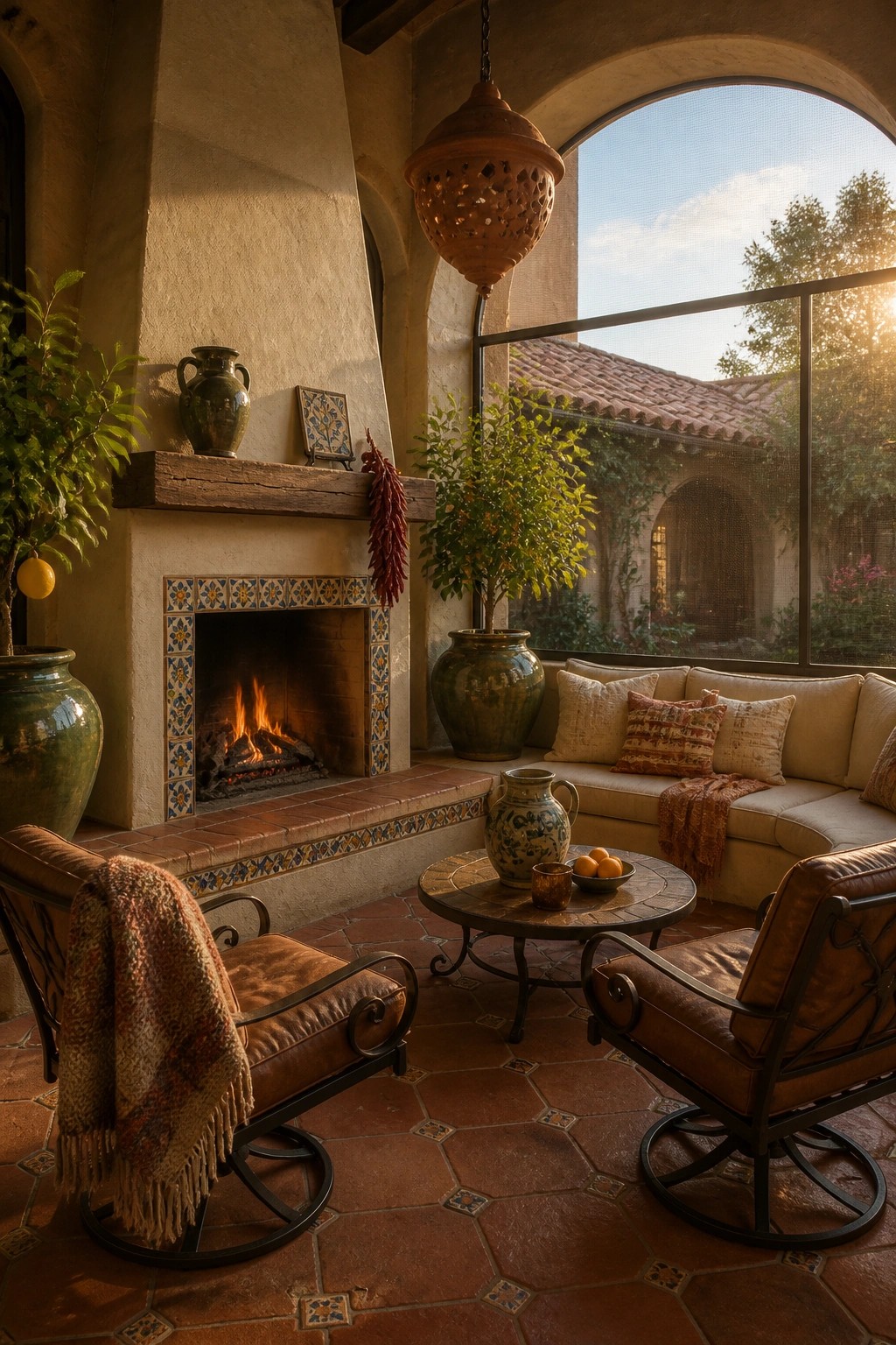 A screened porch with a lit fireplace, brown leather chairs, a sofa with pillows, and a round table on terracotta tile.