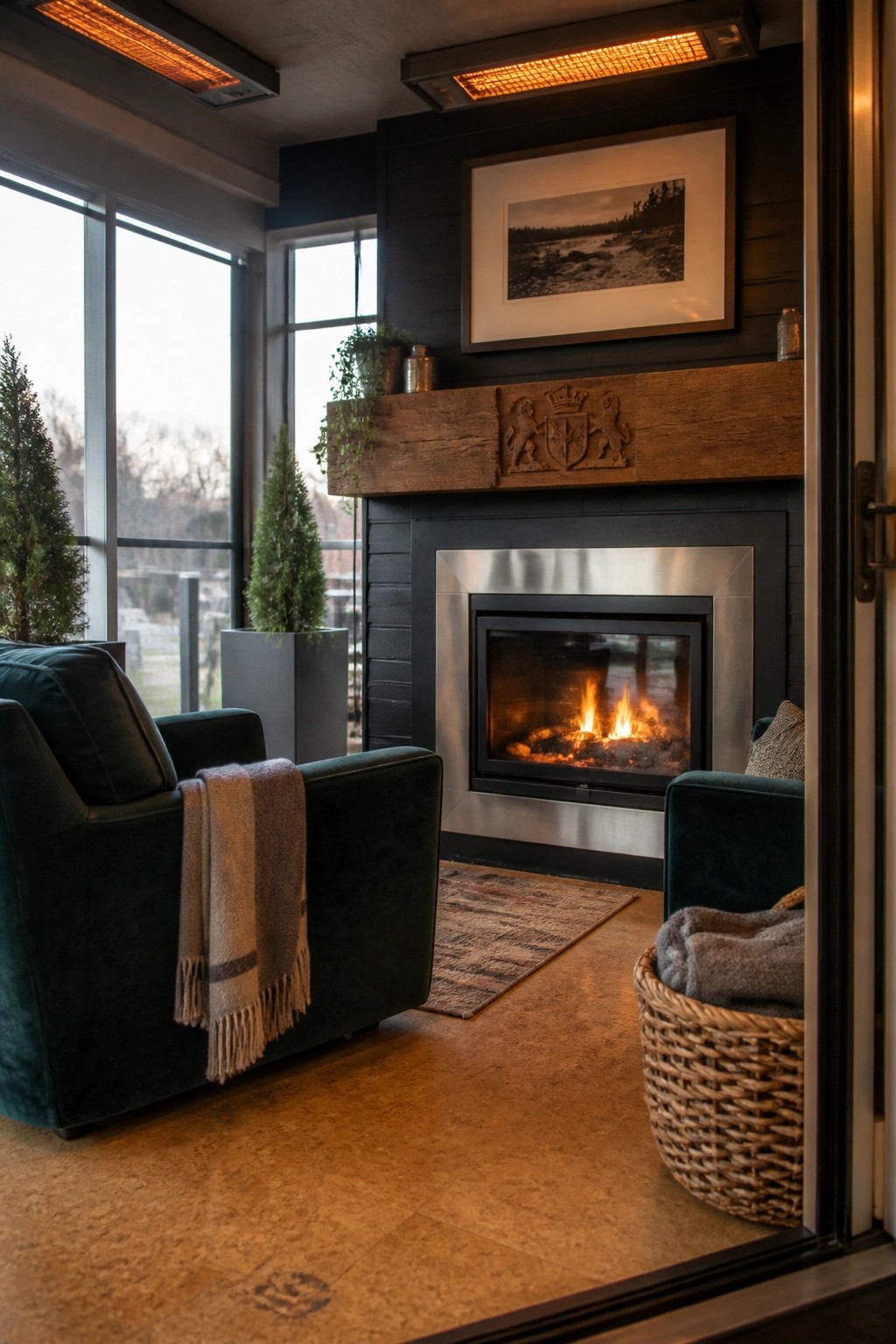 Interior view of a room with two green armchairs facing a burning fireplace, wooden mantel, large windows, and a woven basket with blankets.