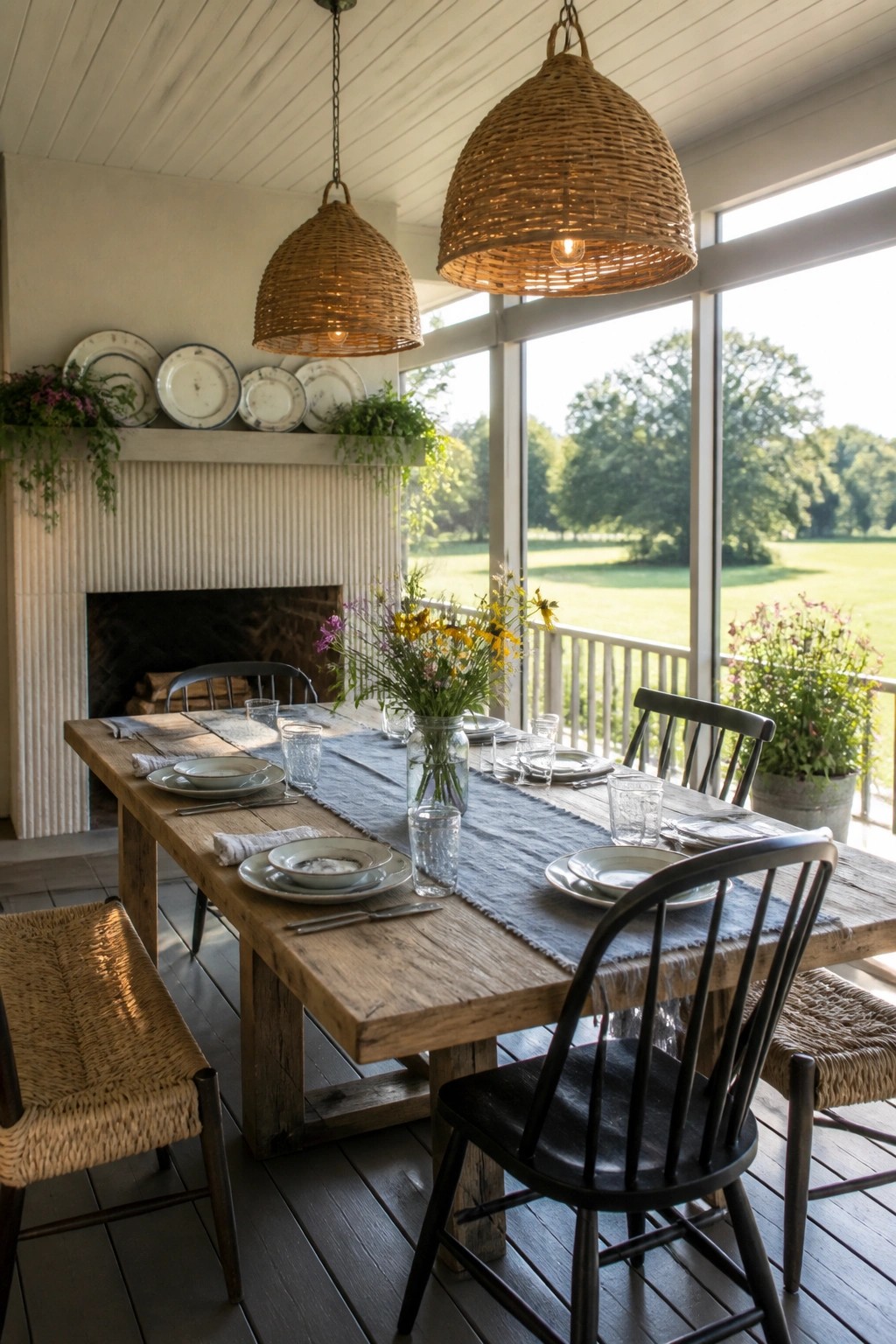 A screened porch with a fireplace on one wall and a long wooden dining table set with plates, glasses, and a flower arrangement in the center.