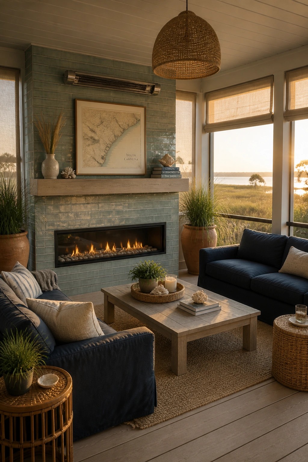 A screened porch with a linear fireplace set into a green tile wall beneath a wooden mantel, blue sofas, a wooden coffee table, and large screened openings overlooking a marsh at sunset.