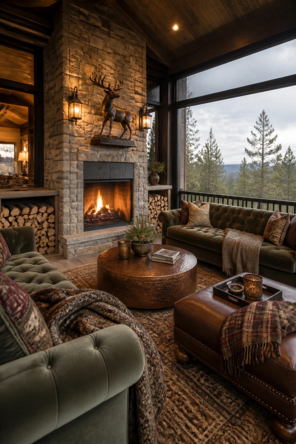 Rustic living room with stone fireplace, deer sculpture, green sofas, copper table, forest view