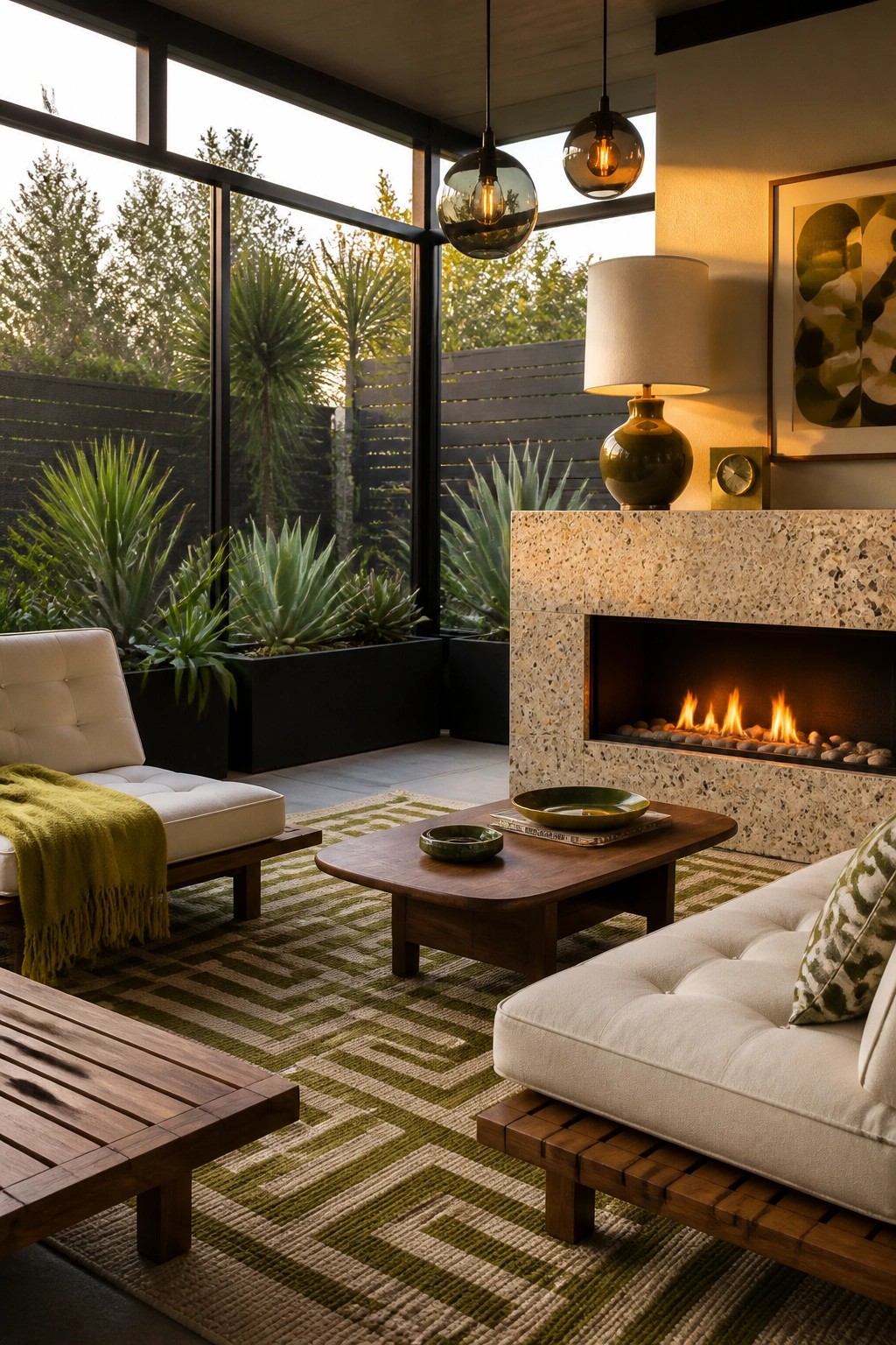 A screened porch with a stone fireplace, wood furniture, and large windows showing plants outside.