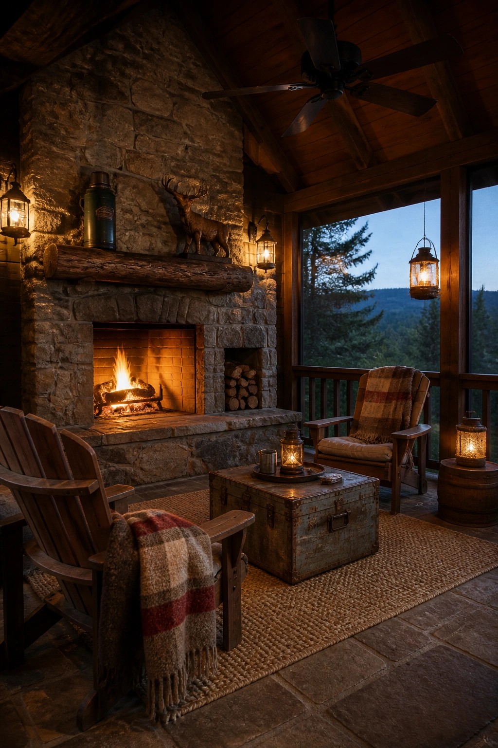 A large stone fireplace with a burning fire is built into a wooden screened porch with rustic chairs, a ceiling fan, and hanging lanterns overlooking trees at dusk.