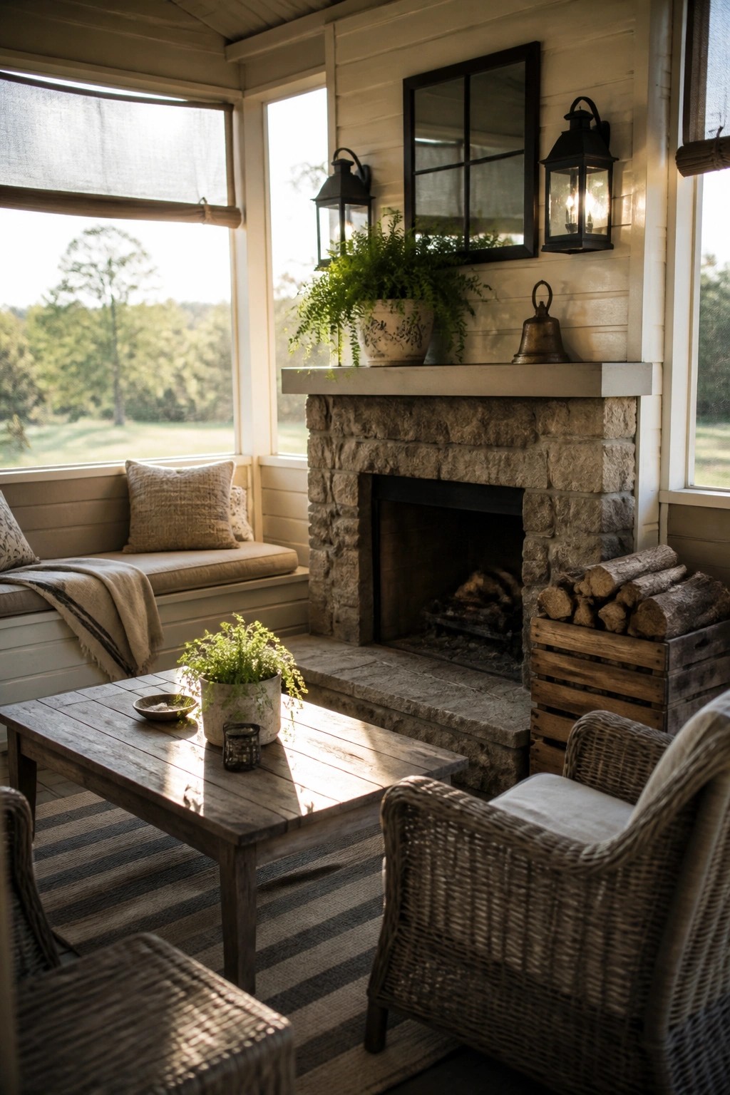 A screened porch with a large stone fireplace, stacked firewood in a wooden crate, wicker seating, a wooden coffee table, and large windows overlooking trees and fields.
