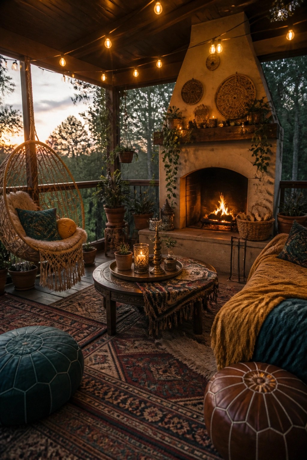A screened porch with a large stone fireplace, hanging chair, round coffee table with candles, multiple layered rugs, and poufs arranged around the seating area.
