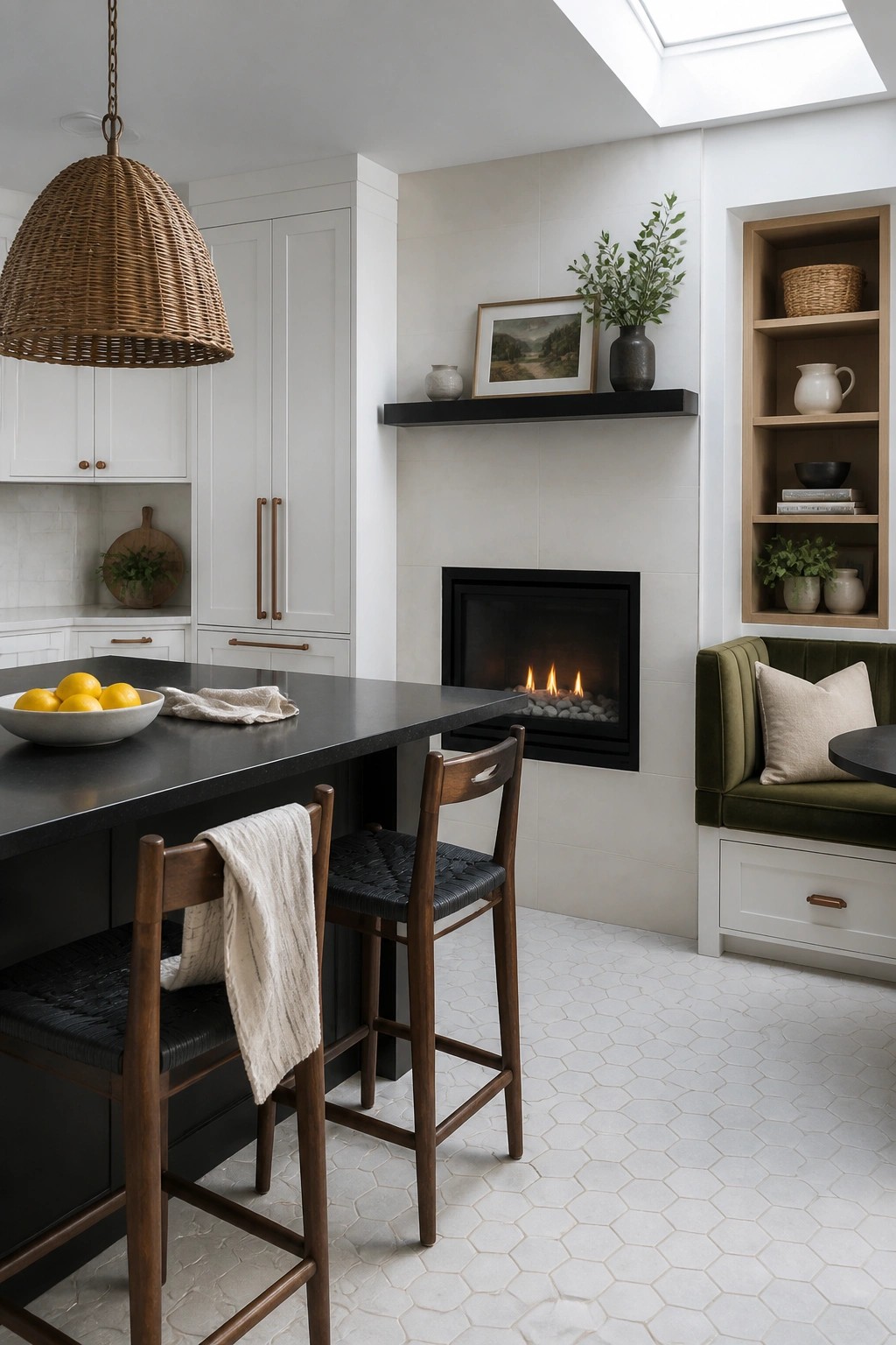 A modern kitchen with a built-in black fireplace on a white tiled wall beside a dark island and wooden bar stools.