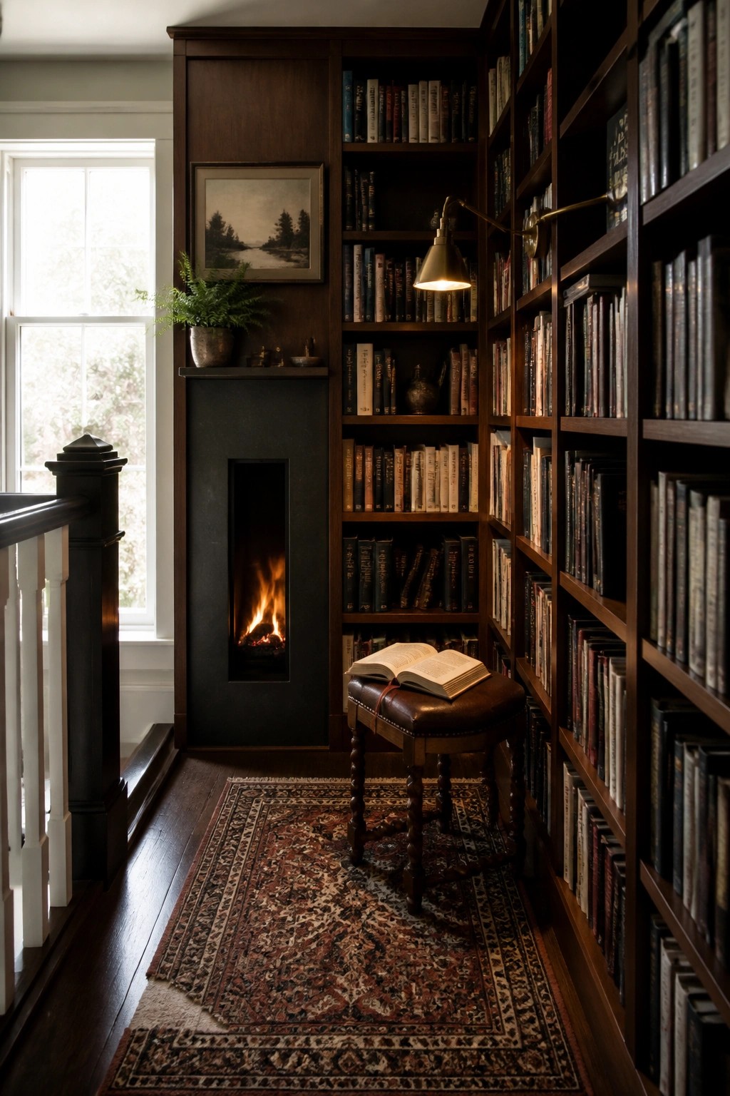 A narrow interior room with a tall modern fireplace built into dark wood bookshelves filled with books and an open book resting on a stool in front.