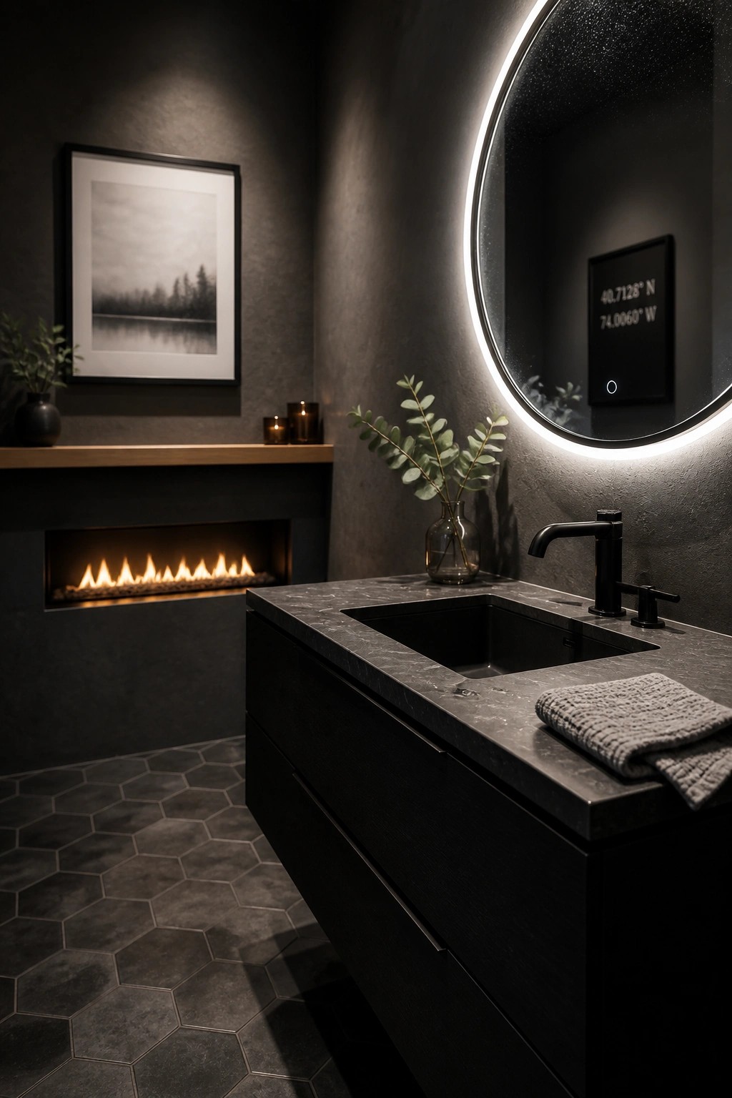 A modern dark bathroom with a floating fireplace under a wood ledge, black vanity, round backlit mirror, and hexagonal floor tiles.