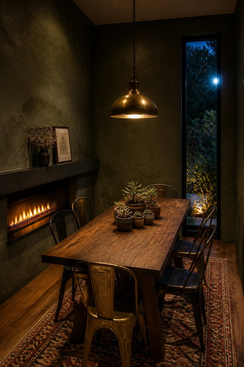 A wooden dining table with metal chairs in a dark room next to a linear fireplace set into the wall under a narrow mantel.