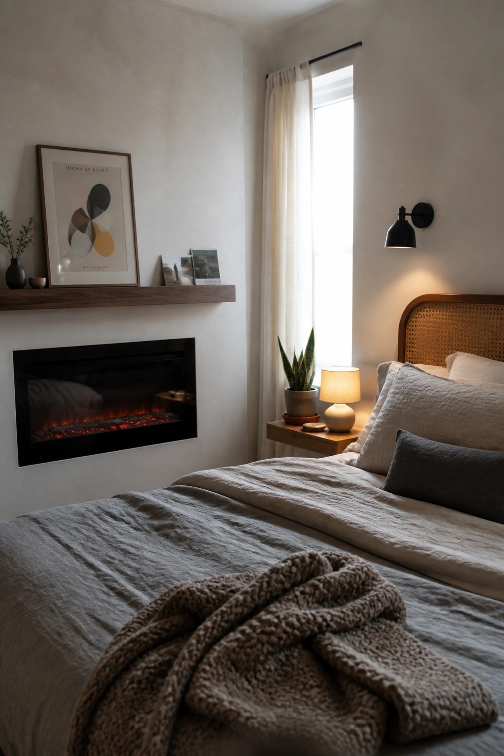 A bedroom with a built-in electric fireplace set into a white wall beneath a floating wood mantel shelf holding framed art and small items.