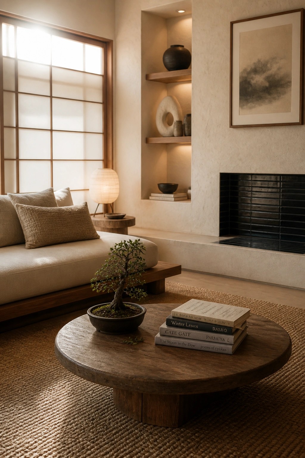 A modern living room with a black recessed fireplace, built-in illuminated wall niches holding pottery and books, a low wooden coffee table with a bonsai and stacked books, and a beige sofa on a woven rug.