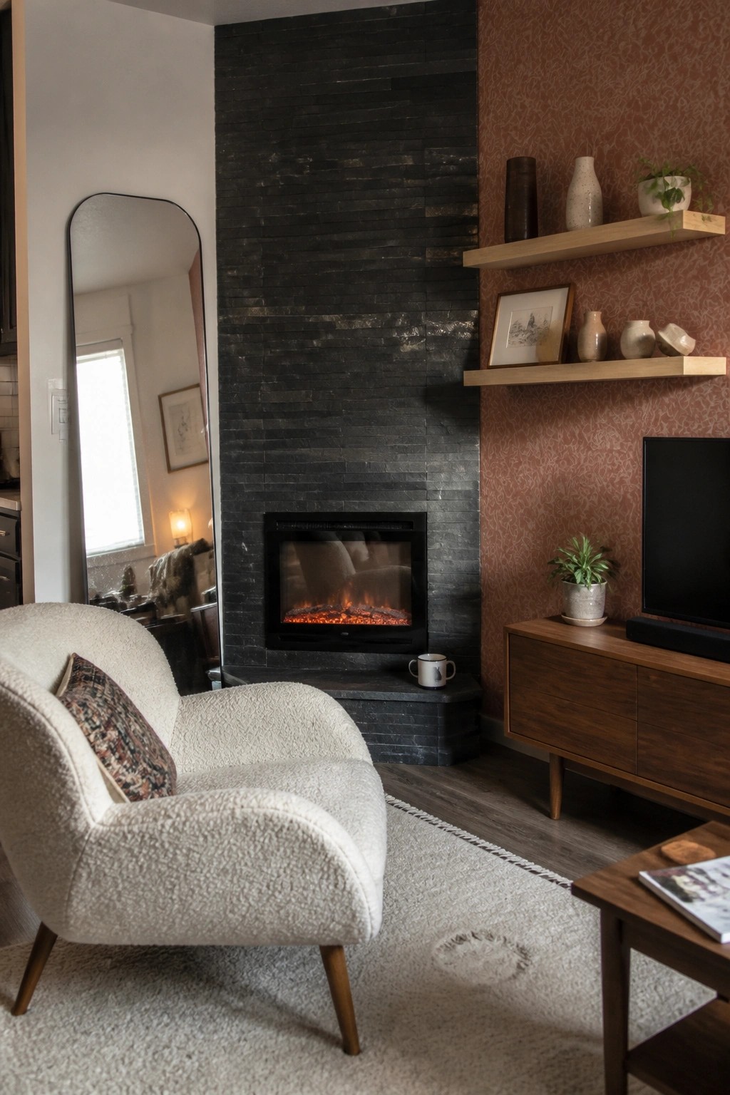 A living room with a modern electric fireplace set into a black stacked tile surround, a white bouclé armchair, wooden media console, and patterned wallpaper on an adjacent wall.