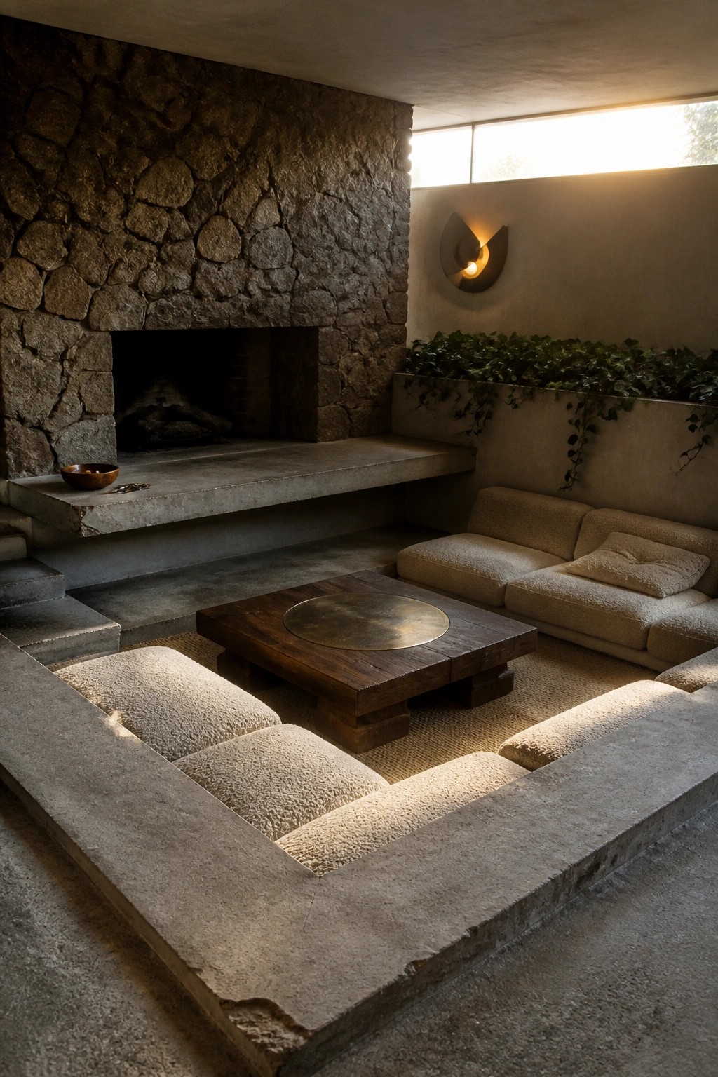 Sunken lounge with stone fireplace, beige modular sofa, and wooden coffee table