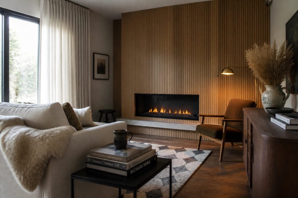 23 Modern Fireplace Ideas That Balance Clean Lines and Warm Finishes A living room with a linear fireplace built into a vertical wood-paneled wall above a white marble hearth, next to a white sofa and round wooden coffee table.