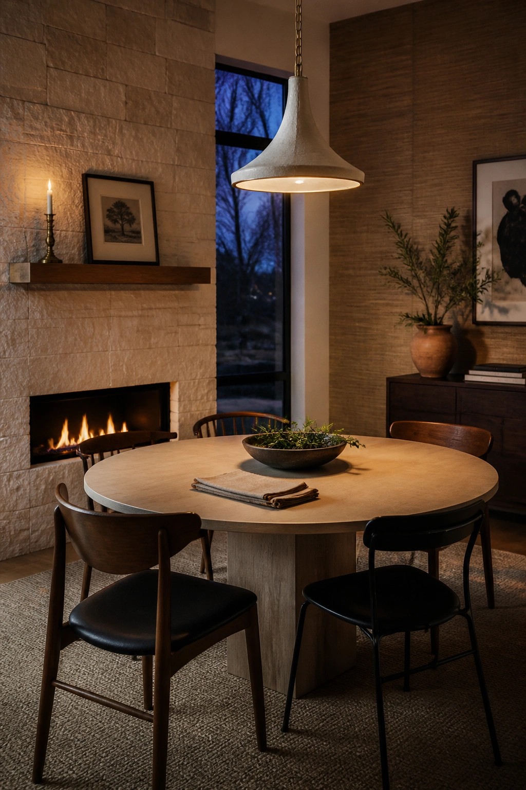 Round wooden dining table with mixed chairs near stone fireplace and pendant light.