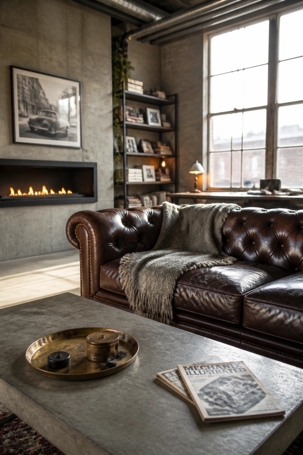 A linear fireplace recessed into a concrete wall in a living room with a brown leather sofa and coffee table nearby.
