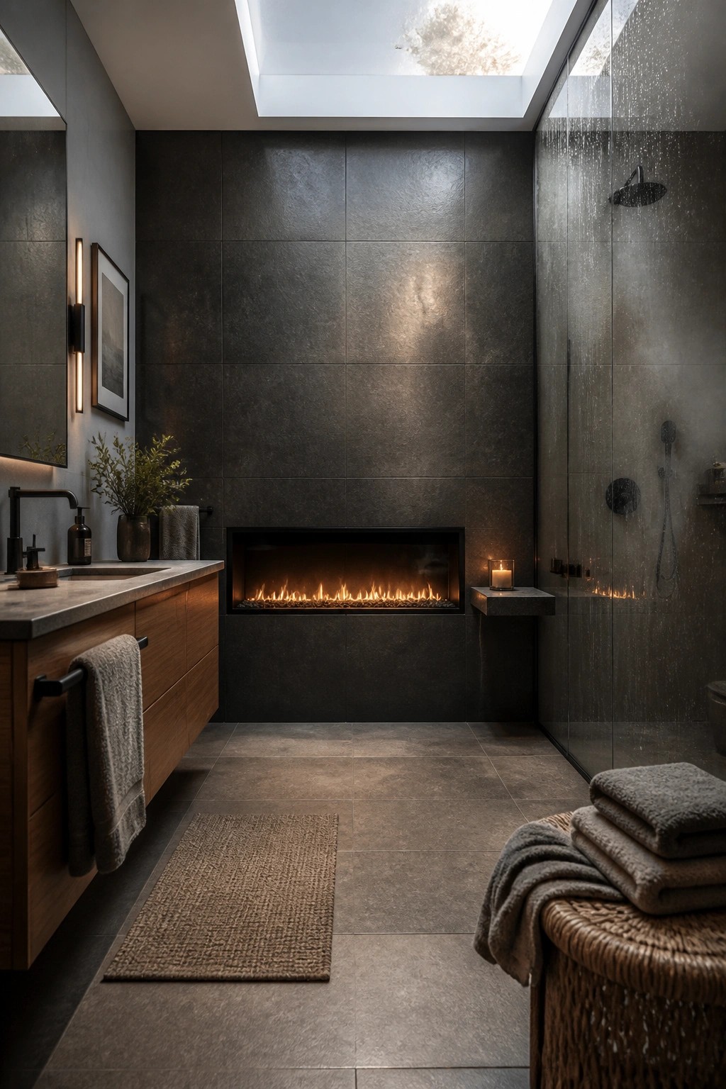 A modern bathroom with a linear fireplace recessed into a dark tiled wall, positioned between a wooden vanity on the left and a glass shower on the right.