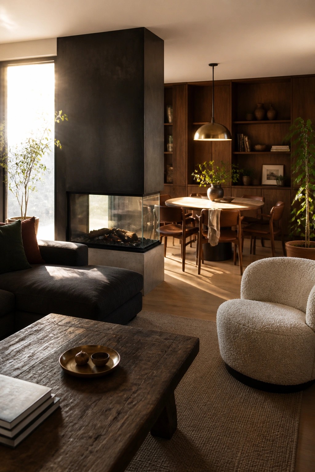 A modern living room with a tall dark fireplace structure separating it from a dining area featuring a round table and wooden chairs.