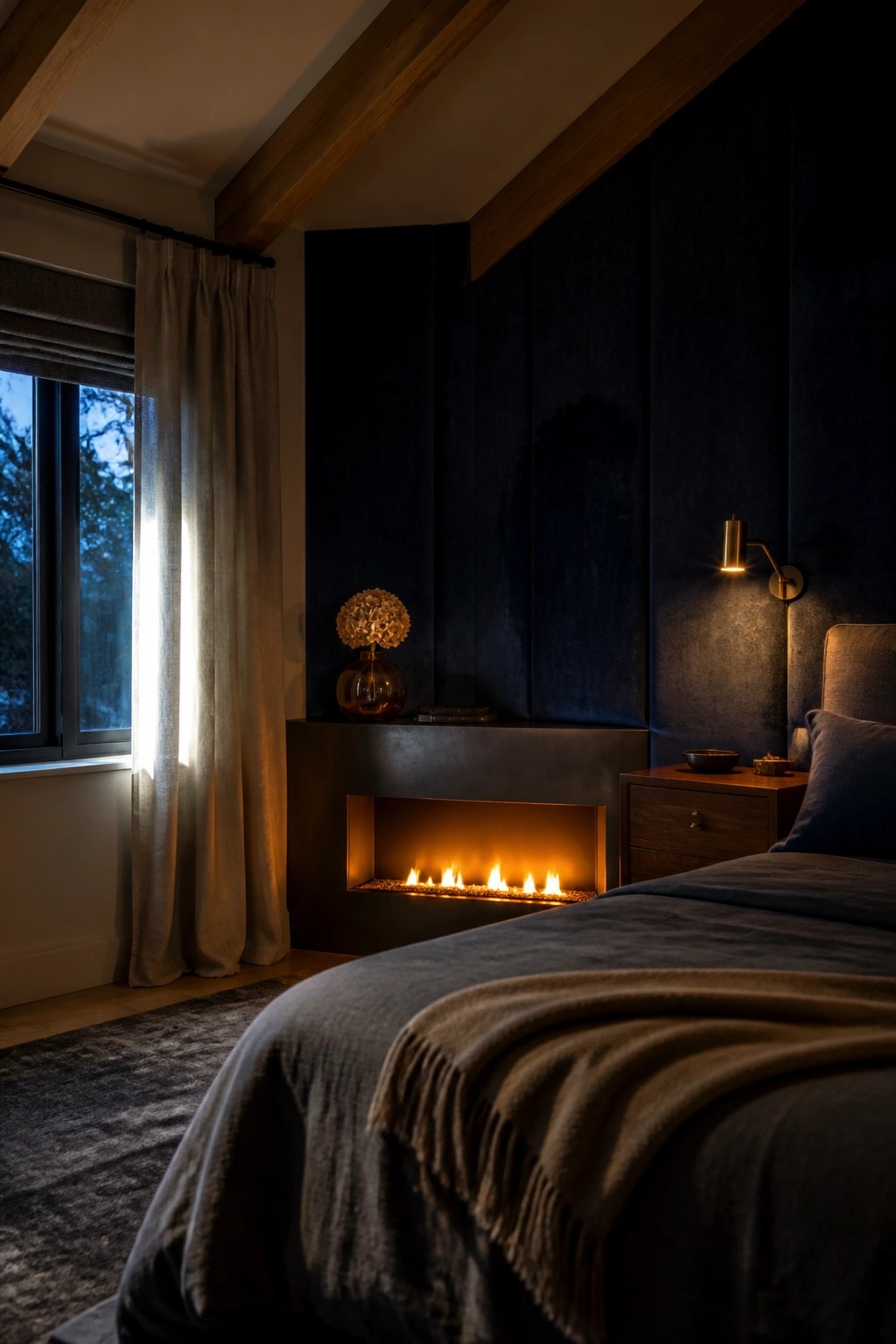A bedroom with a linear fireplace built into a dark paneled wall next to a window with sheer curtains and a bed in the foreground.