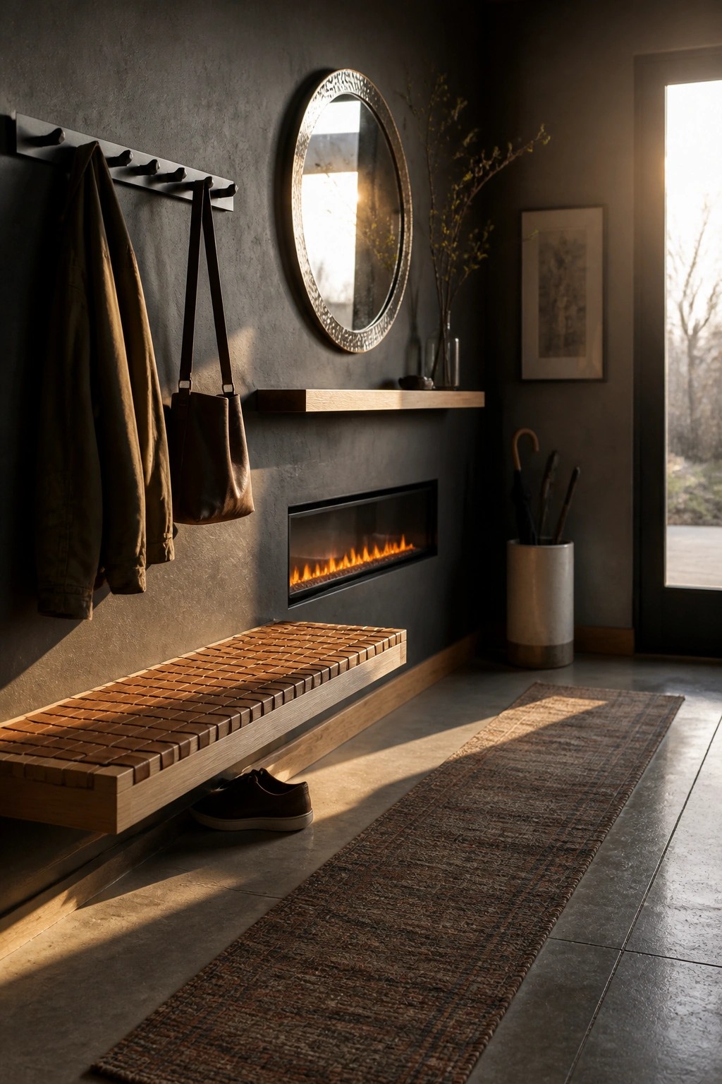 Modern entryway with wooden bench, linear fireplace, round mirror, and coat rack.