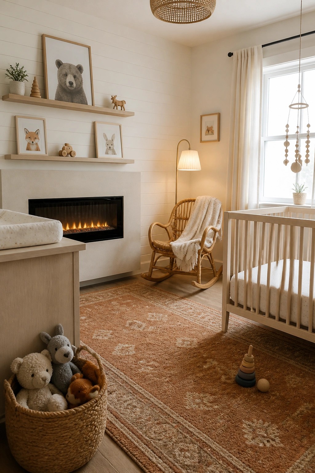 A nursery interior with a modern linear fireplace set in a white surround, a wooden crib on the right, a wicker rocking chair, floating shelves with framed animal prints, and a basket of stuffed toys on a patterned rug.