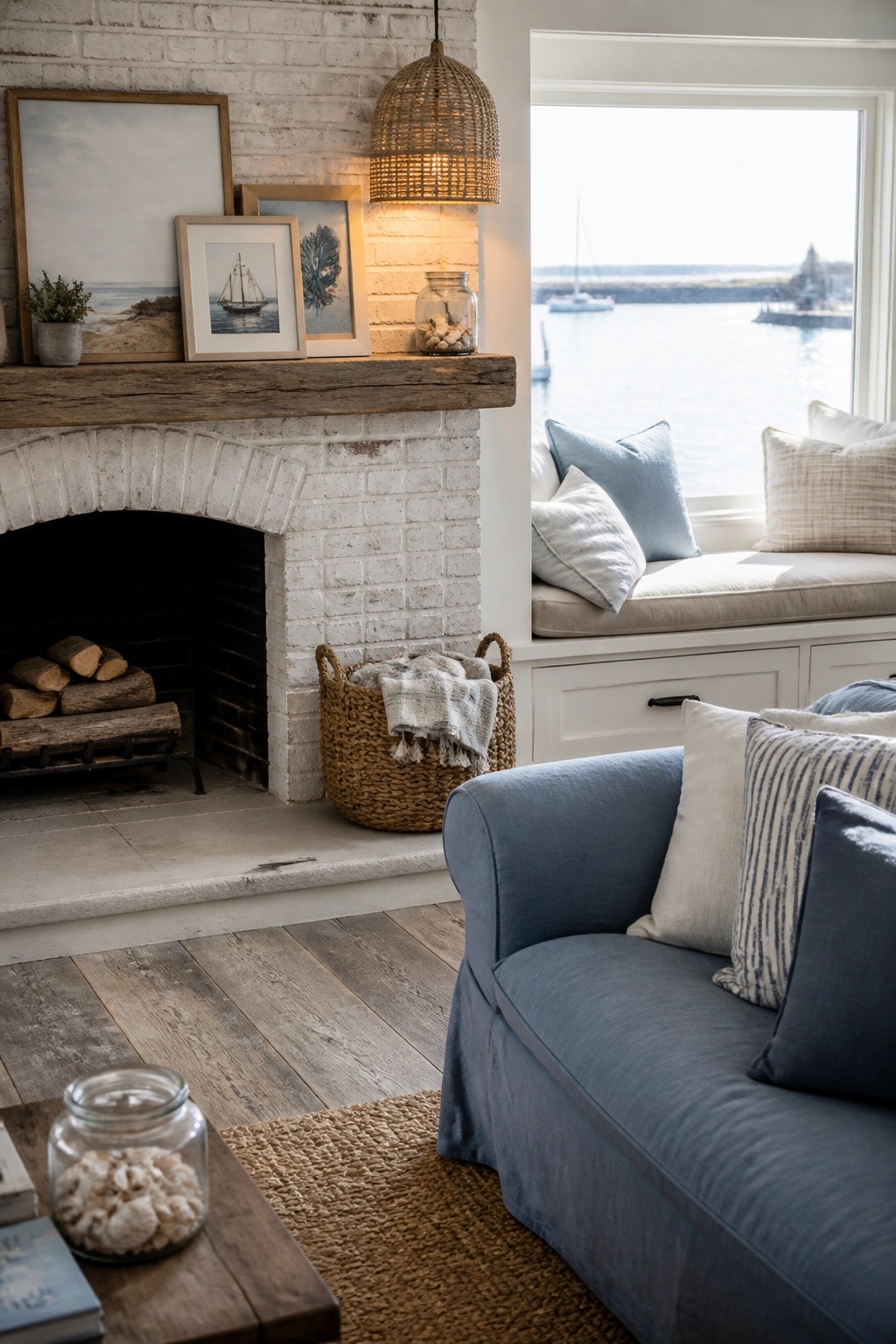 A white brick fireplace with a wooden mantel holds framed art and a glass jar, next to a blue sofa and a window seat with blue and white pillows.
