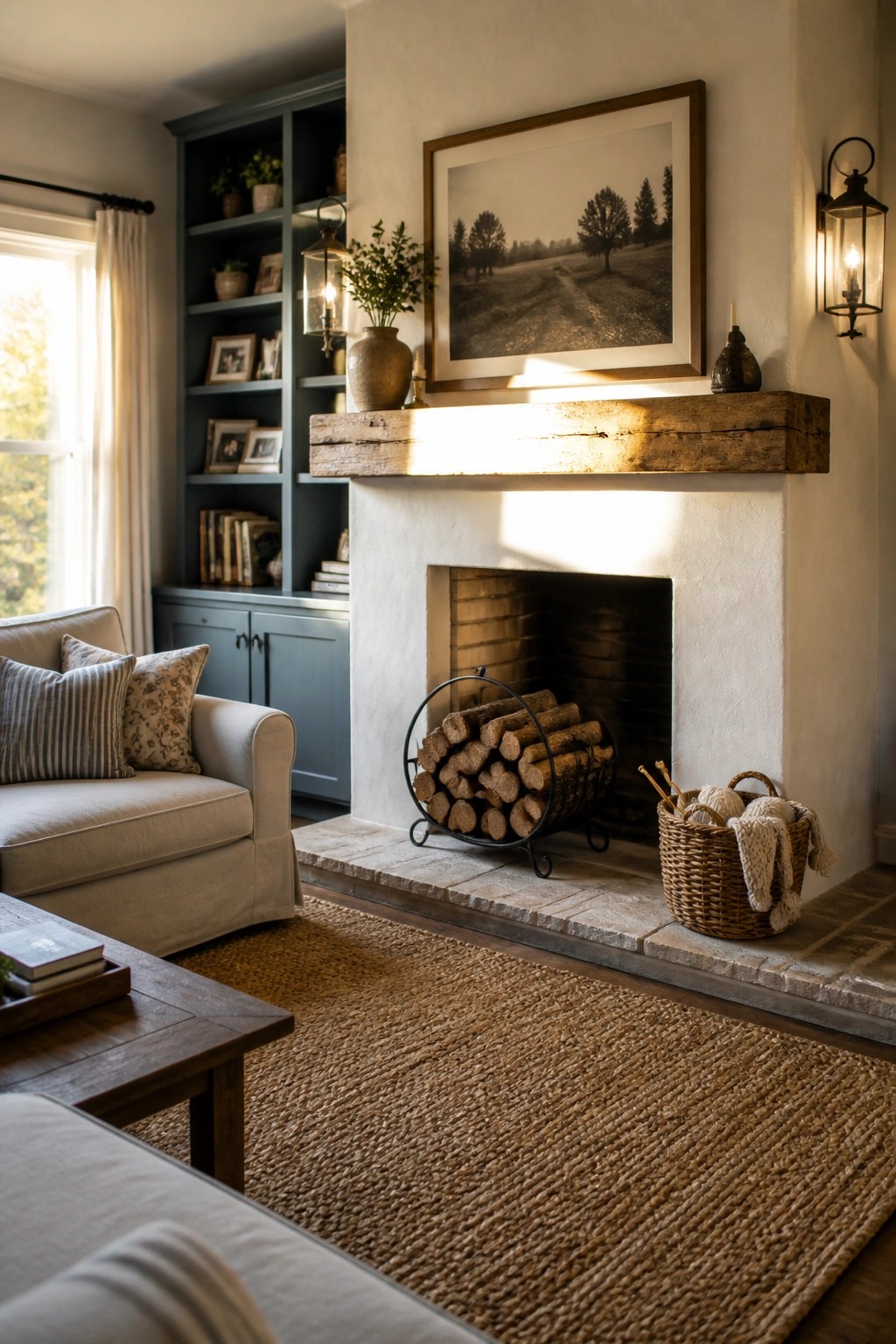 A living room with a white plaster fireplace topped by a thick reclaimed wood mantel, a framed landscape photo above it, and a woven basket with yarn beside the hearth.