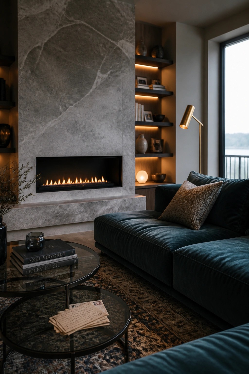 A modern living room with a linear fireplace set into a large gray marble wall, a dark blue velvet sofa, and round glass coffee tables on a patterned rug.
