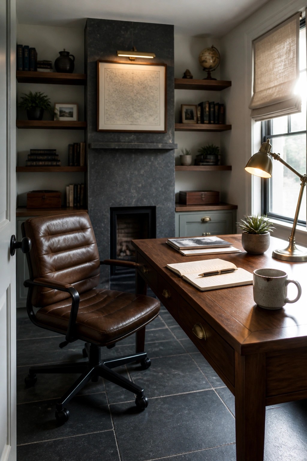 A home office with a dark stone fireplace, wooden desk, brown leather chair, and built-in shelves holding books and decor.