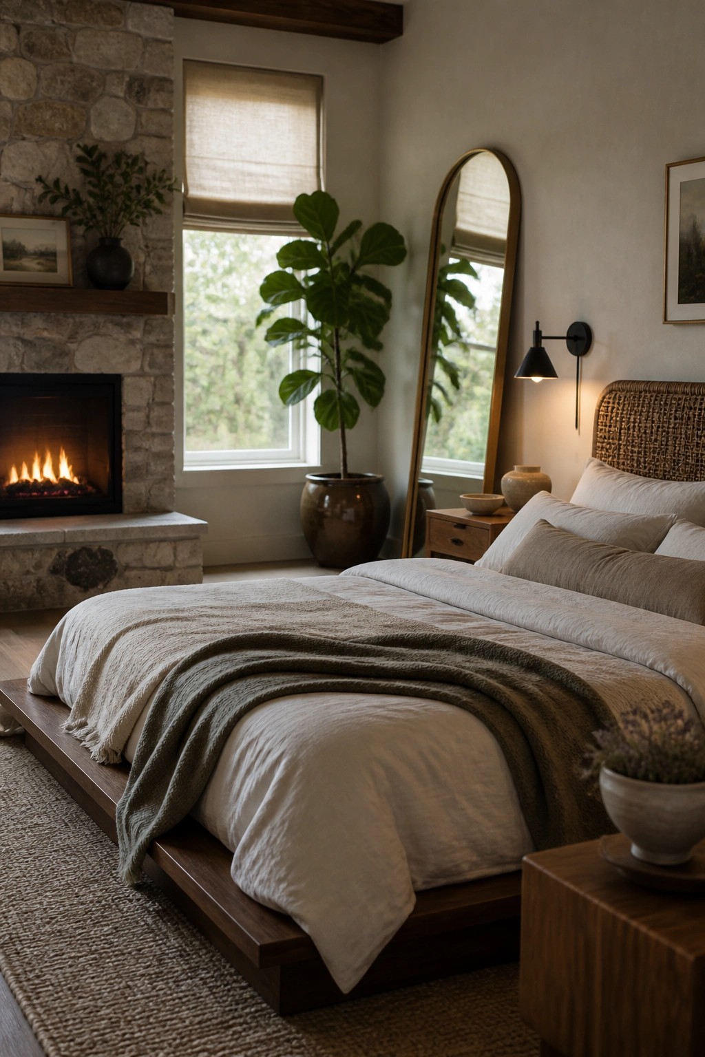 A bedroom with a lit stone fireplace on the left wall, a low wooden platform bed with layered neutral linens, and a tall arched mirror beside a window.