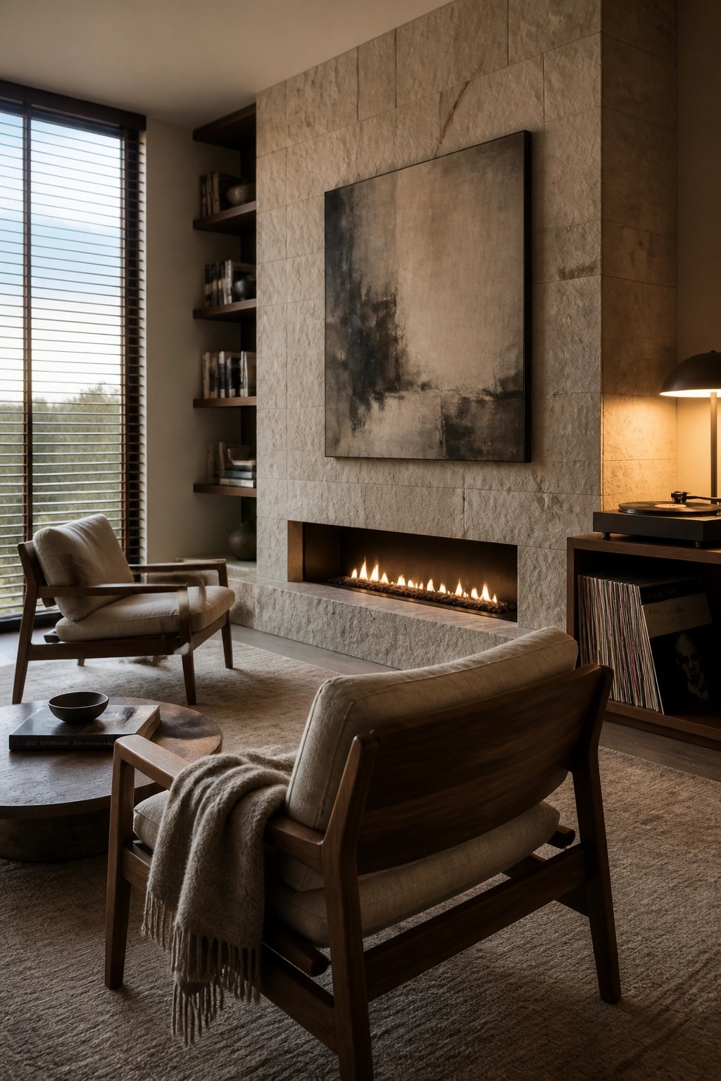 A living room with a linear fireplace built into a tall stone wall, an abstract painting above it, and wooden armchairs arranged on a rug nearby.