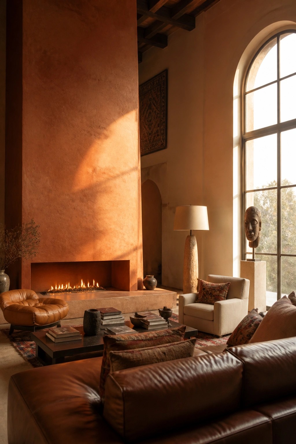 Living room interior with a large fireplace built into a textured orange wall, dark coffee table with books, brown leather seating, and a tall arched window on the right.