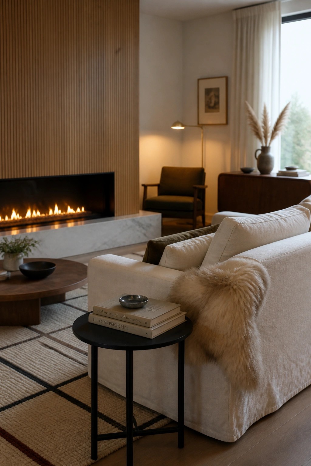 A living room with a linear fireplace built into a vertical wood-paneled wall above a white marble hearth, next to a white sofa and round wooden coffee table.