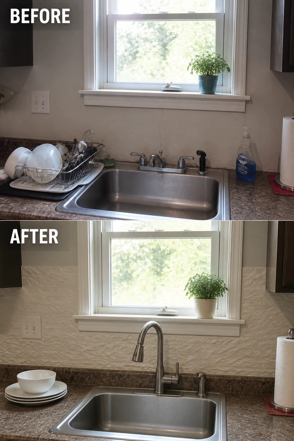 Before and after of stainless steel kitchen sink with modern faucet and clean backsplash