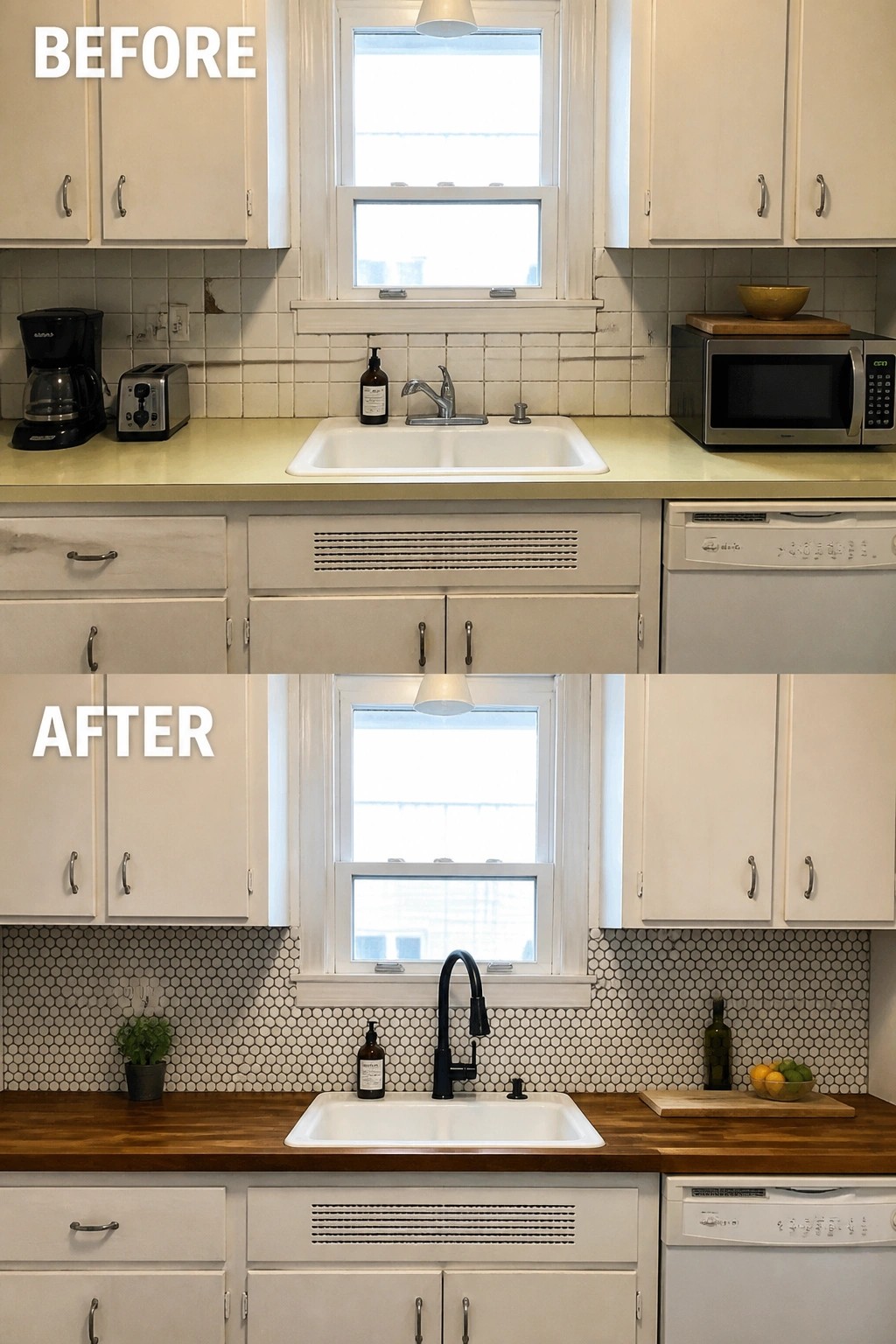 Kitchen sink before beige counters and after wood counters with black faucet and tiles