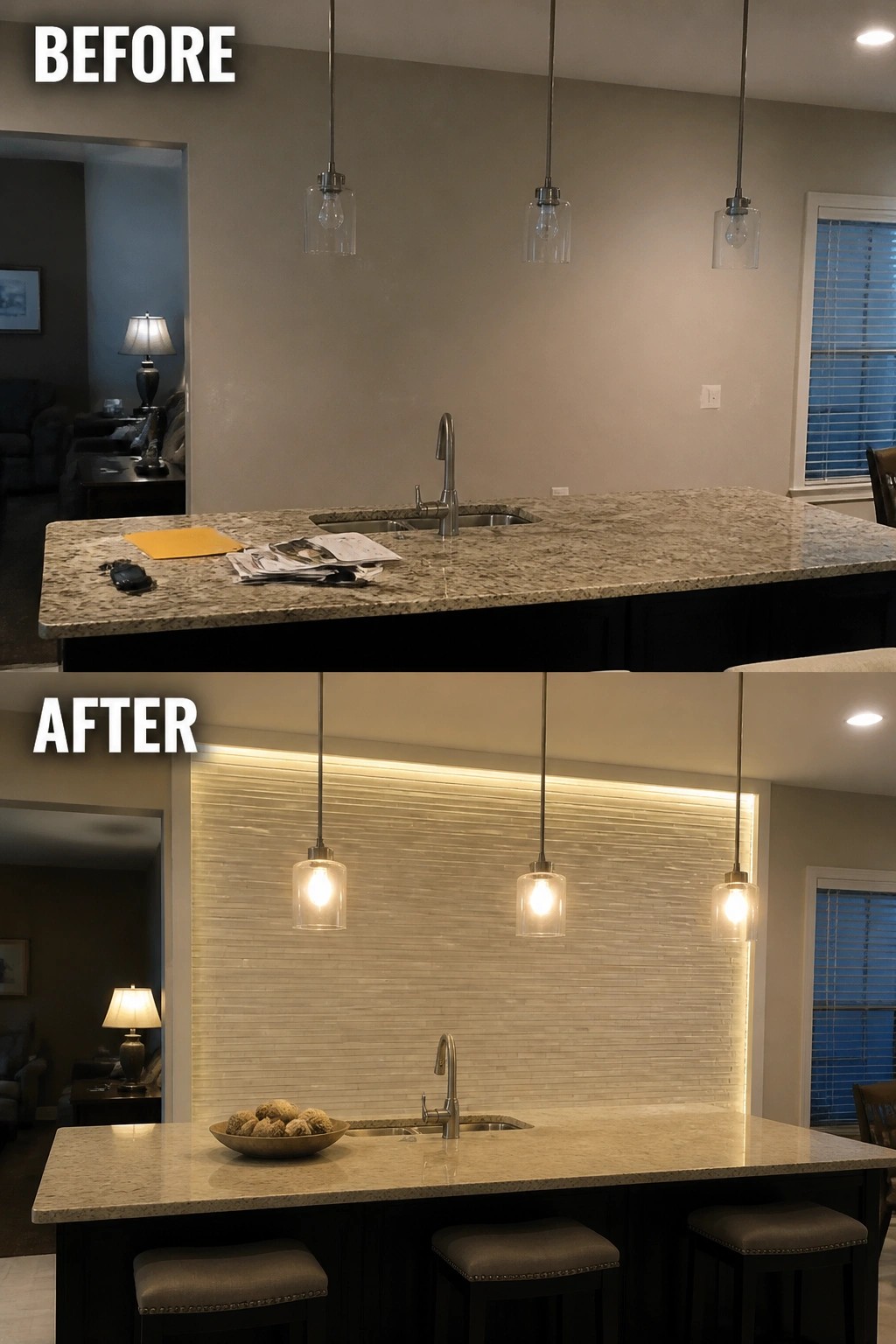 Before and after kitchen island with cluttered counter versus clean backlit tile backsplash