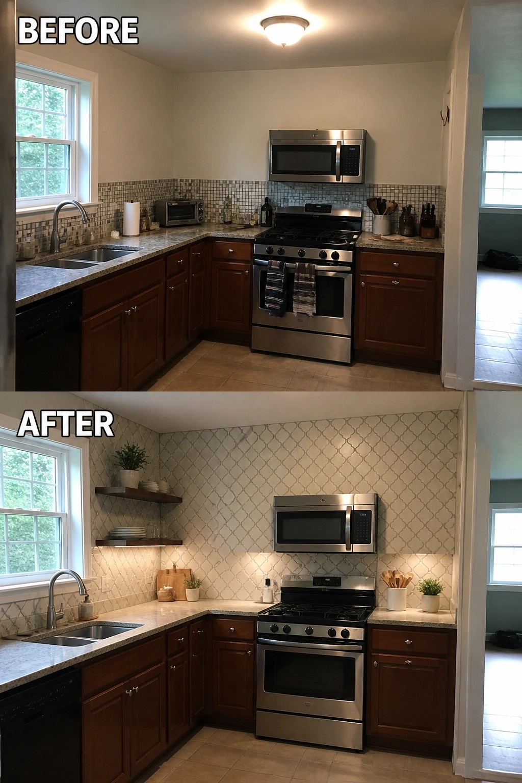 Before-and-after image of a kitchen with a basic mosaic tile backsplash updated to a larger white patterned tile, plus floating shelves and under-cabinet lighting.