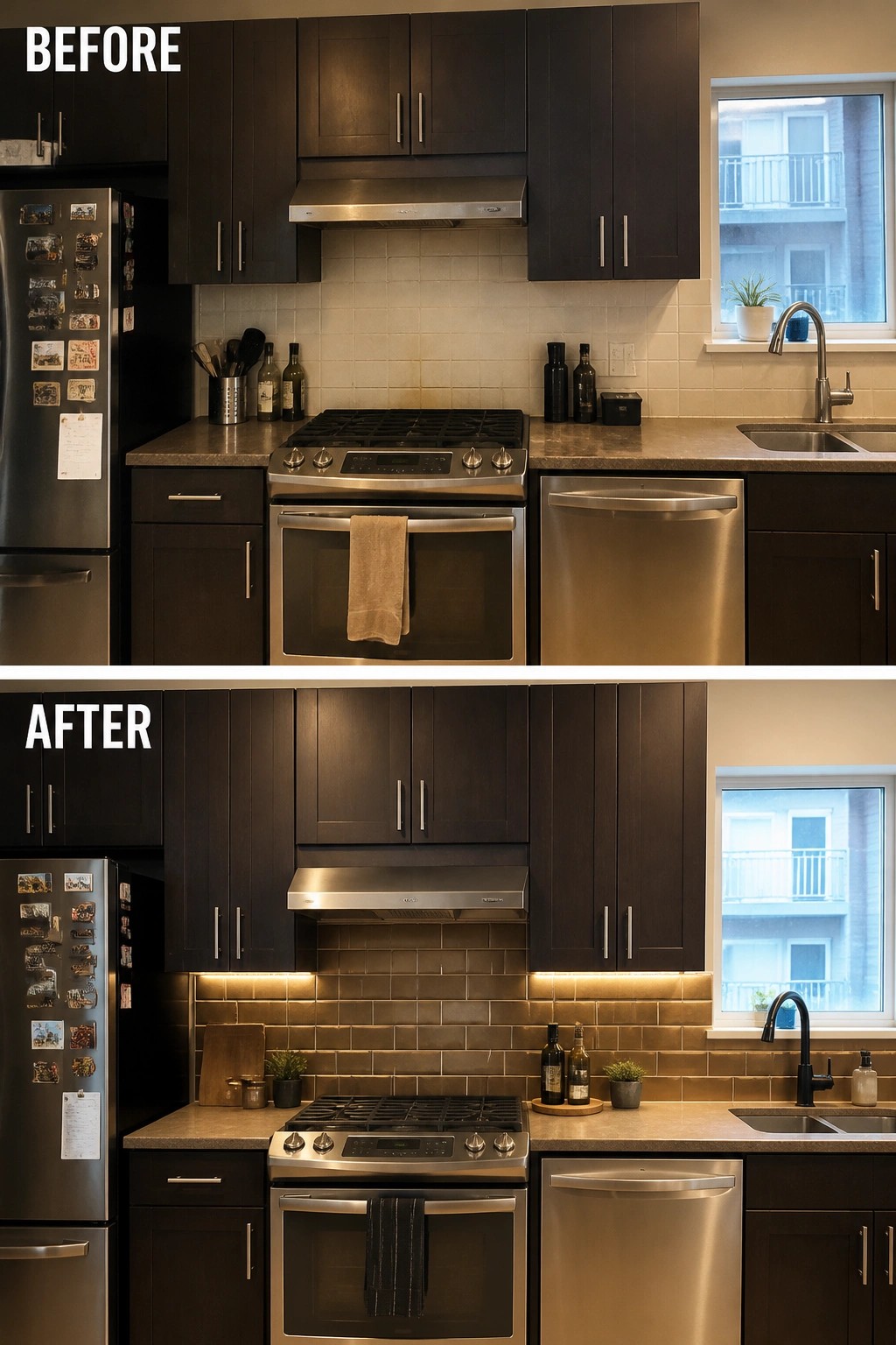 Before and after kitchen remodel with dark cabinets, updated backsplash, and stainless appliances