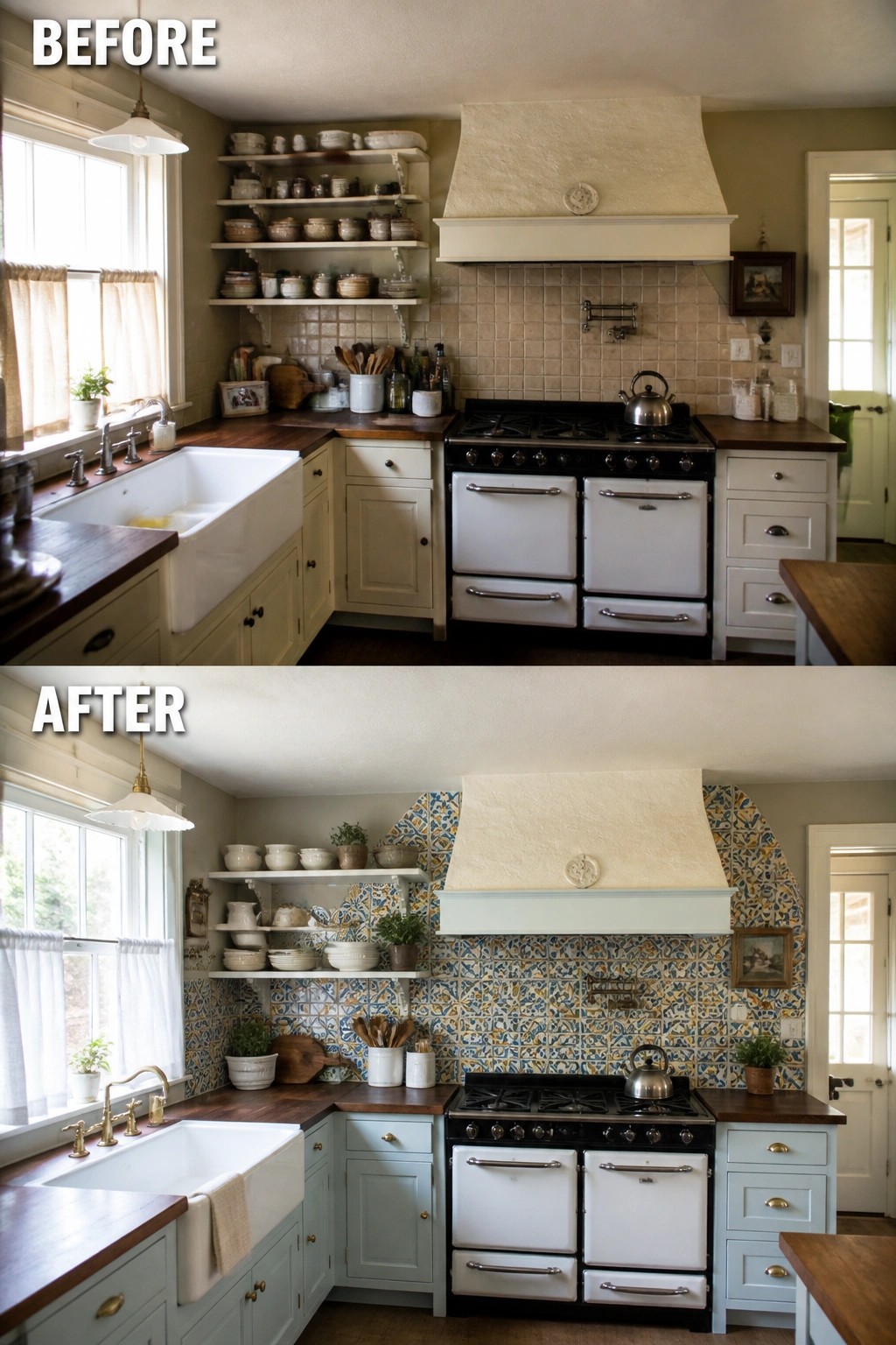 Before-and-after image of a kitchen showing a plain beige tile backsplash replaced with a colorful patterned tile design around the range and hood.