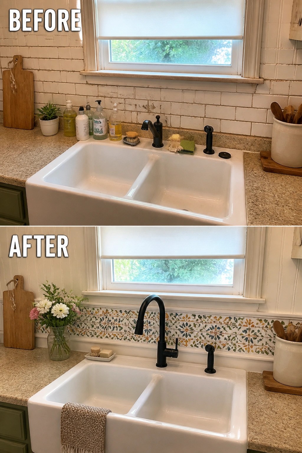 Before-and-after image of a kitchen sink area with a plain white subway tile backsplash changed to a colorful patterned tile backsplash and a simplified countertop.