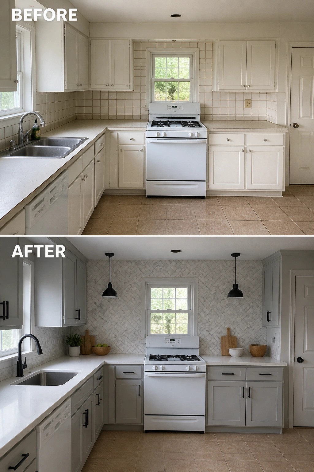 Before-and-after image of a kitchen showing a plain square tile backsplash replaced with a herringbone marble pattern, along with gray cabinet paint and new black hardware.