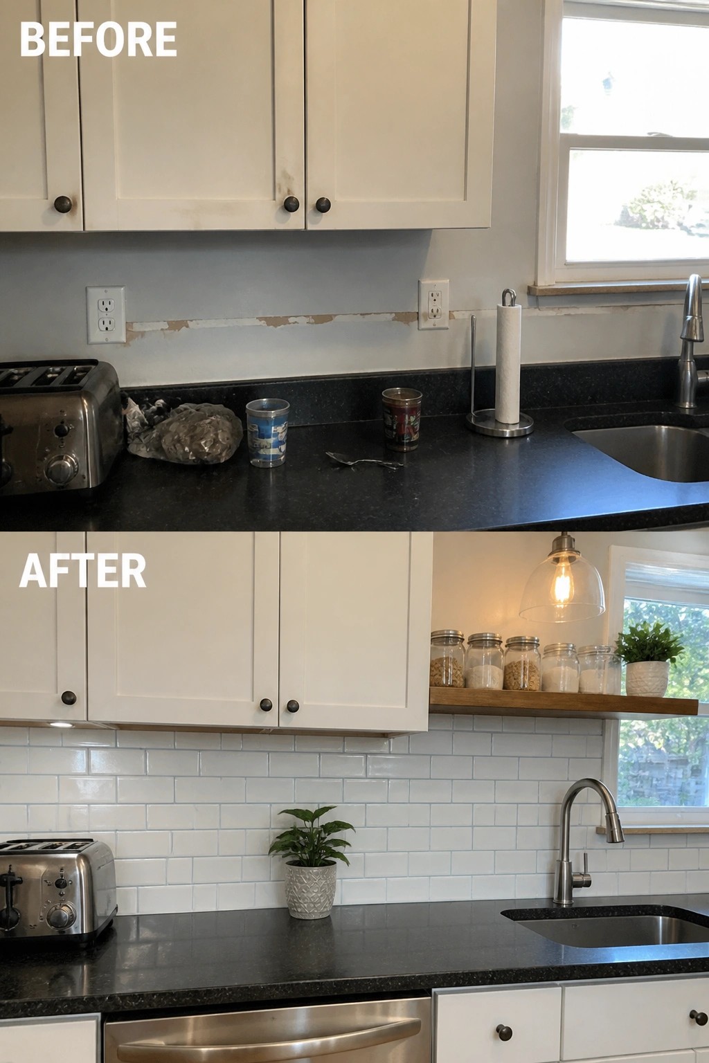 Before-and-after image of a kitchen with a dated wall updated by a white subway tile backsplash, floating shelf, and new under-cabinet lighting.