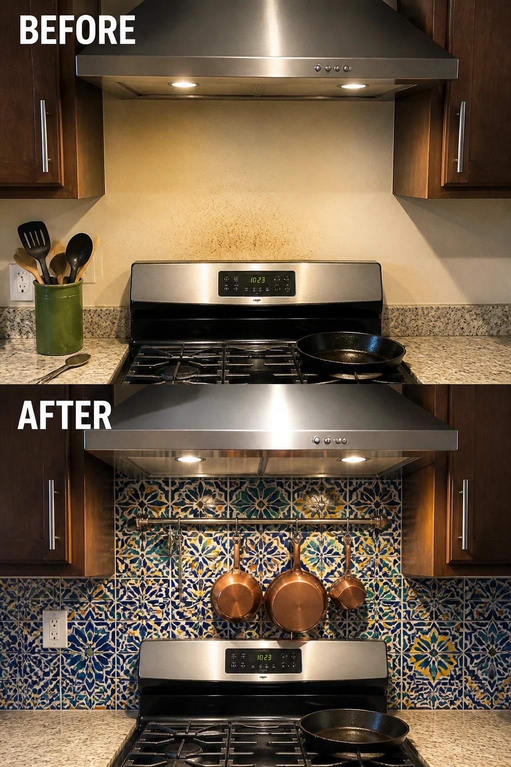 Before-and-after kitchen range with colorful tiled backsplash and hanging copper pans