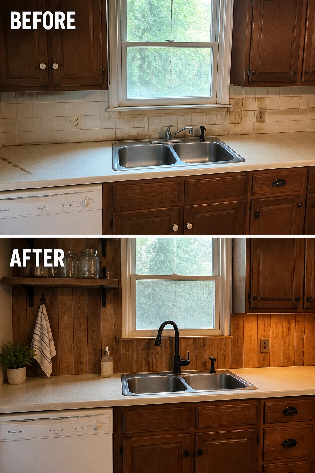Before and after kitchen sink with wood backsplash, shelf, and black faucet