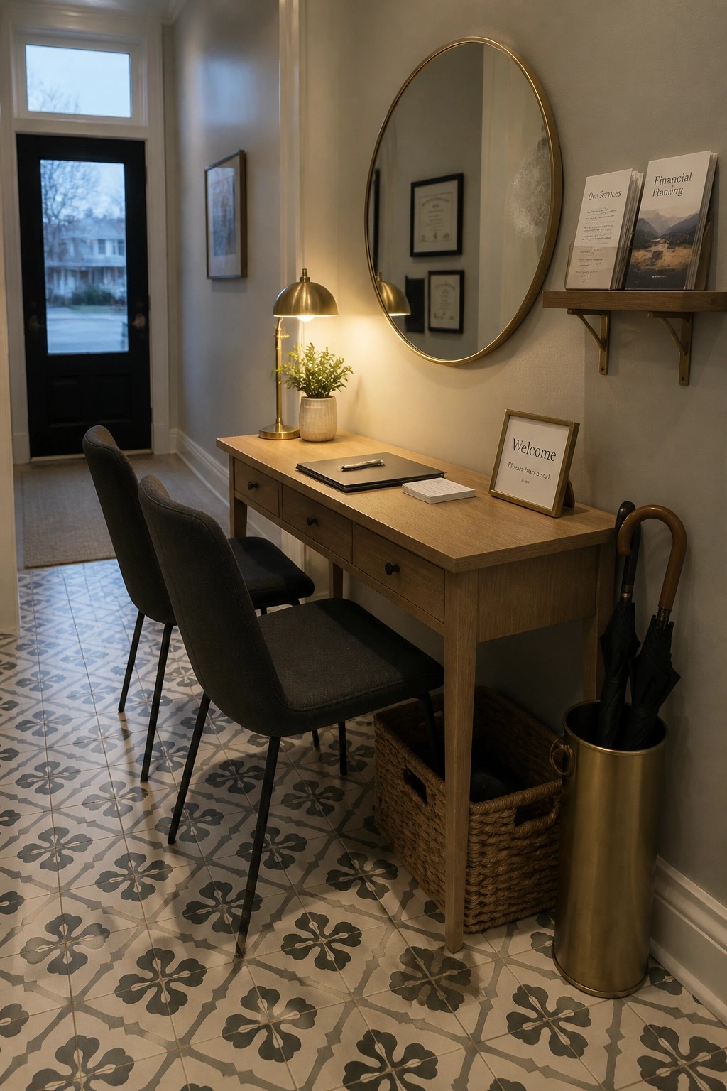 A light wood console desk with two upholstered chairs is positioned against a wall beneath a round mirror, with a welcome sign, desk lamp, and woven basket visible on the patterned tile floor.