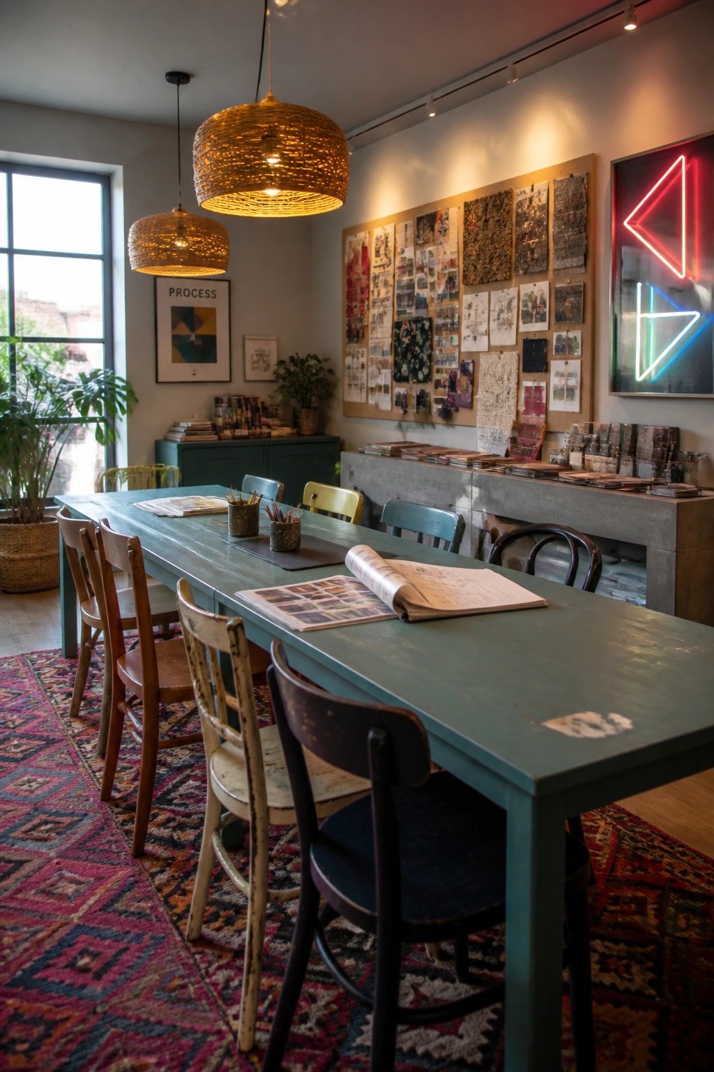 A long green table with mismatched wooden chairs sits in a home office beneath woven pendant lights, facing a large mood board covered in pinned images and fabric swatches.