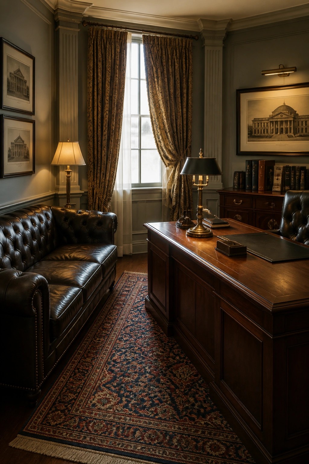A traditional home office with a large wooden desk, black leather sofa, patterned rug, and framed architectural prints on the walls.
